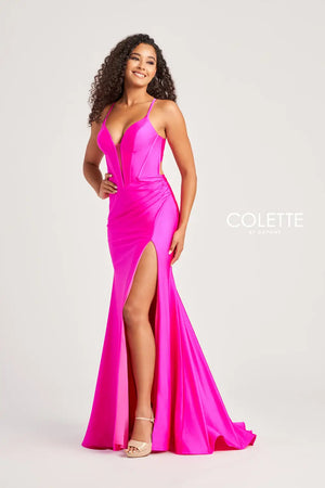 Be bold at your prom and get noticed in this glamorous Colette long dress style CL5204 made in hot colors of stretch jersey fabric. This sleek silhouette features a corset bodice with exposed boning, V neckline, spaghetti straps and large keyhole cutout back. The long curve hugging skirt has a high front side slit, horsehair hem edge and sweep train.