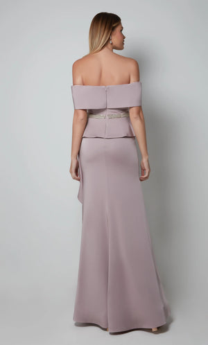 This Alyce Paris 27563 soft heather evening gown features a fit and flare silhouette in stretch crepe, with a cuffed off-the-shoulder neckline and a beaded belt. The asymmetrical peplum segues into a side ruffle drape.