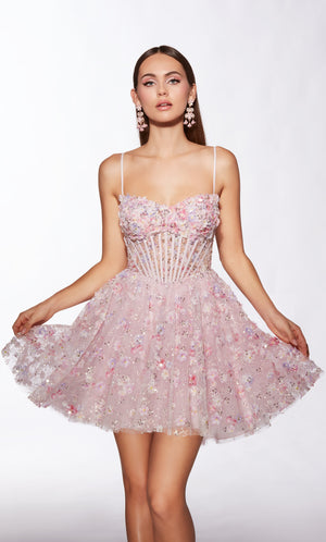 Woman wearing a pink floral dress on a white background