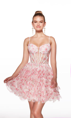 Woman wearing a pink floral dress on a white background