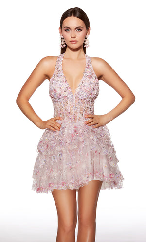 Show off your inner diva in this short Alyce Paris dress, style 30016. This A line dress features a stunning halter V neckline, giving you a stylish look. The beautiful corset paired with the eye catching ruffles skirt will emphasize the A line silhouette. Adored with glistening sequins and marvelous applique, this dress is a must have!