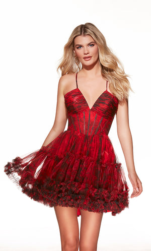 Woman wearing a red dress with feather details on a white background