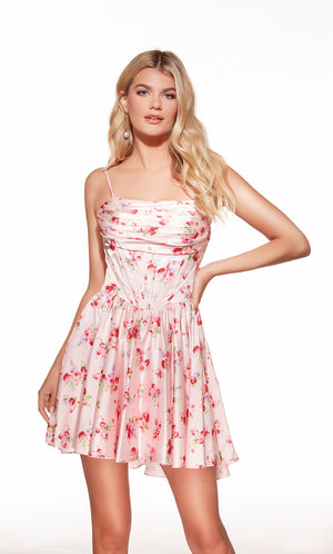 Woman wearing a floral dress on a white background