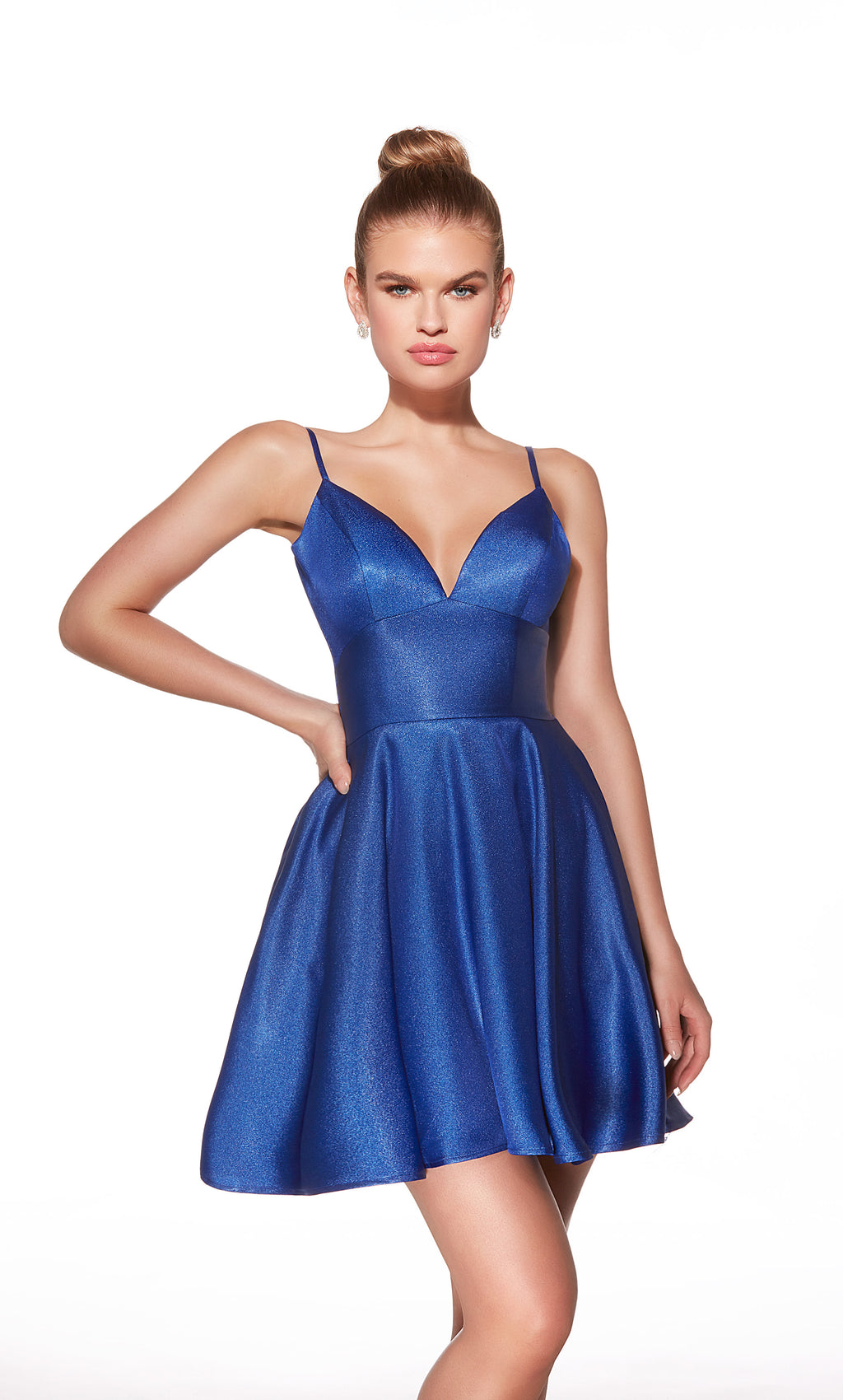 Woman wearing a blue dress on a white background
