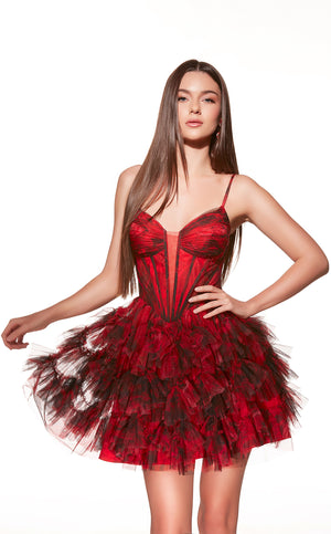 Red and black dress with feathered skirt on a white background