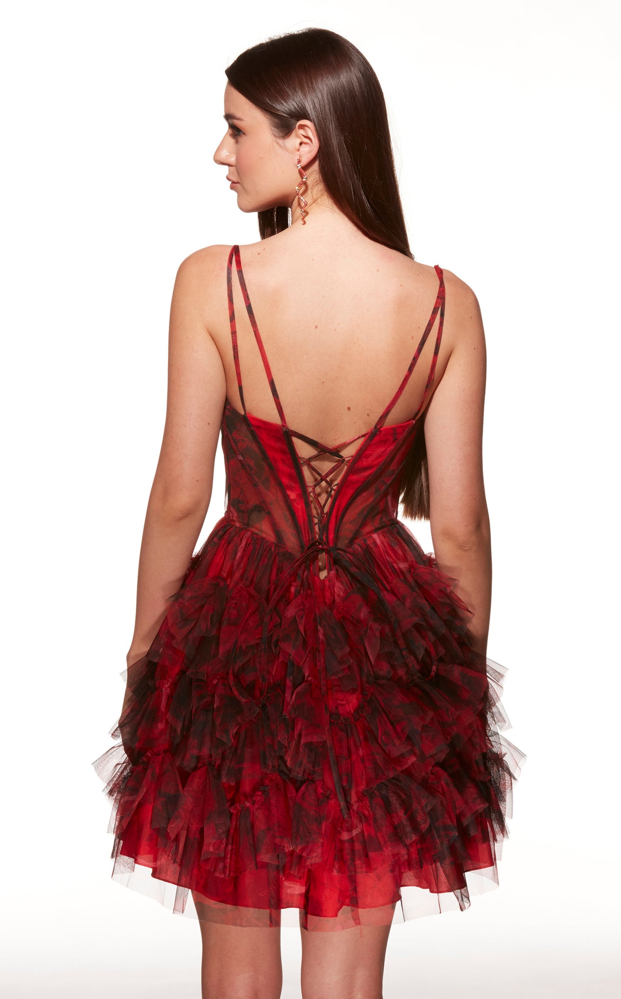 Red dress with sheer details on a white background