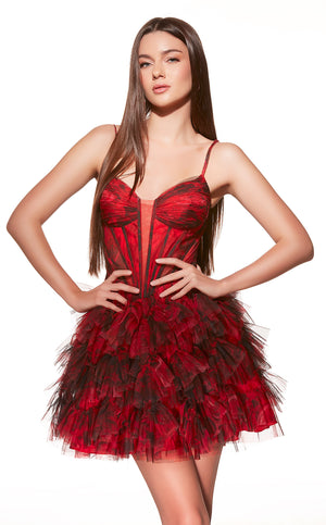Red and black dress with a tiered skirt on a white background