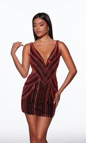 Woman wearing a red sequin dress on a white background