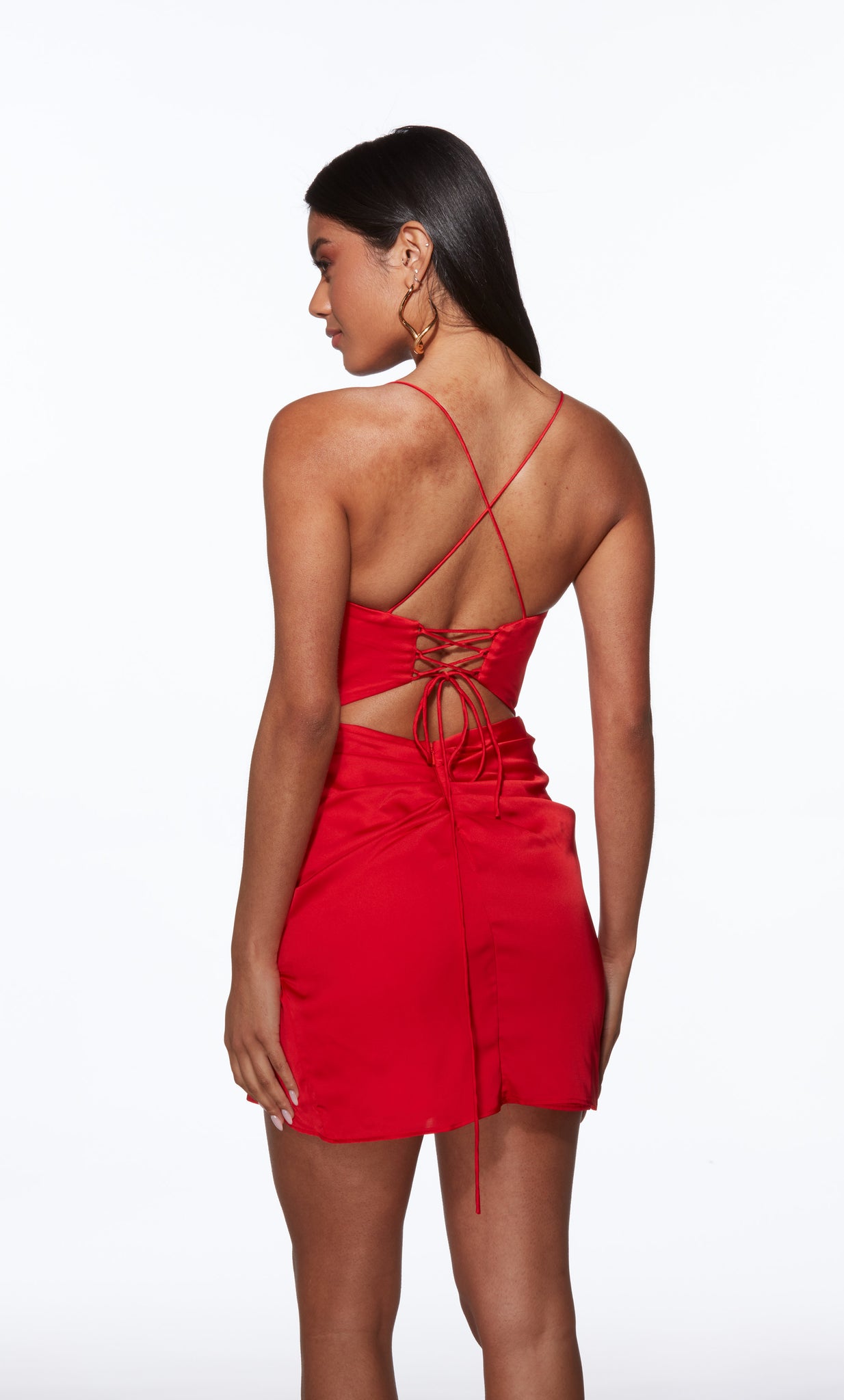 Red dress with cut-out back design on a white background