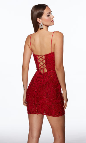 Red lace dress with thin straps on a white background