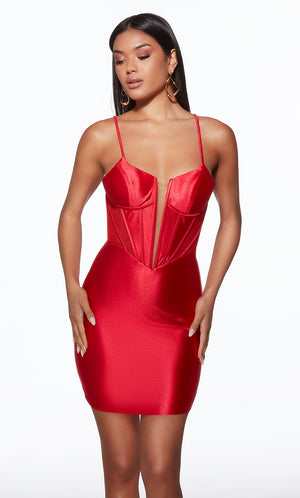 Red satin dress worn by a model on a white background