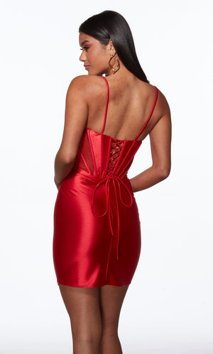 Red satin dress with open back on a white background