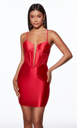 Red satin dress worn by a model on a white background