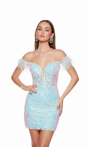 This phenomenal gown features an off the shoulder neckline and lovely cap sleeves adorn in lavish features. Radiant appliques highlight an elaborate design, as dashing sequins add the perfect pop of sparkle. Flattering on all, the sheer corset bodice defines your curves beautifully.