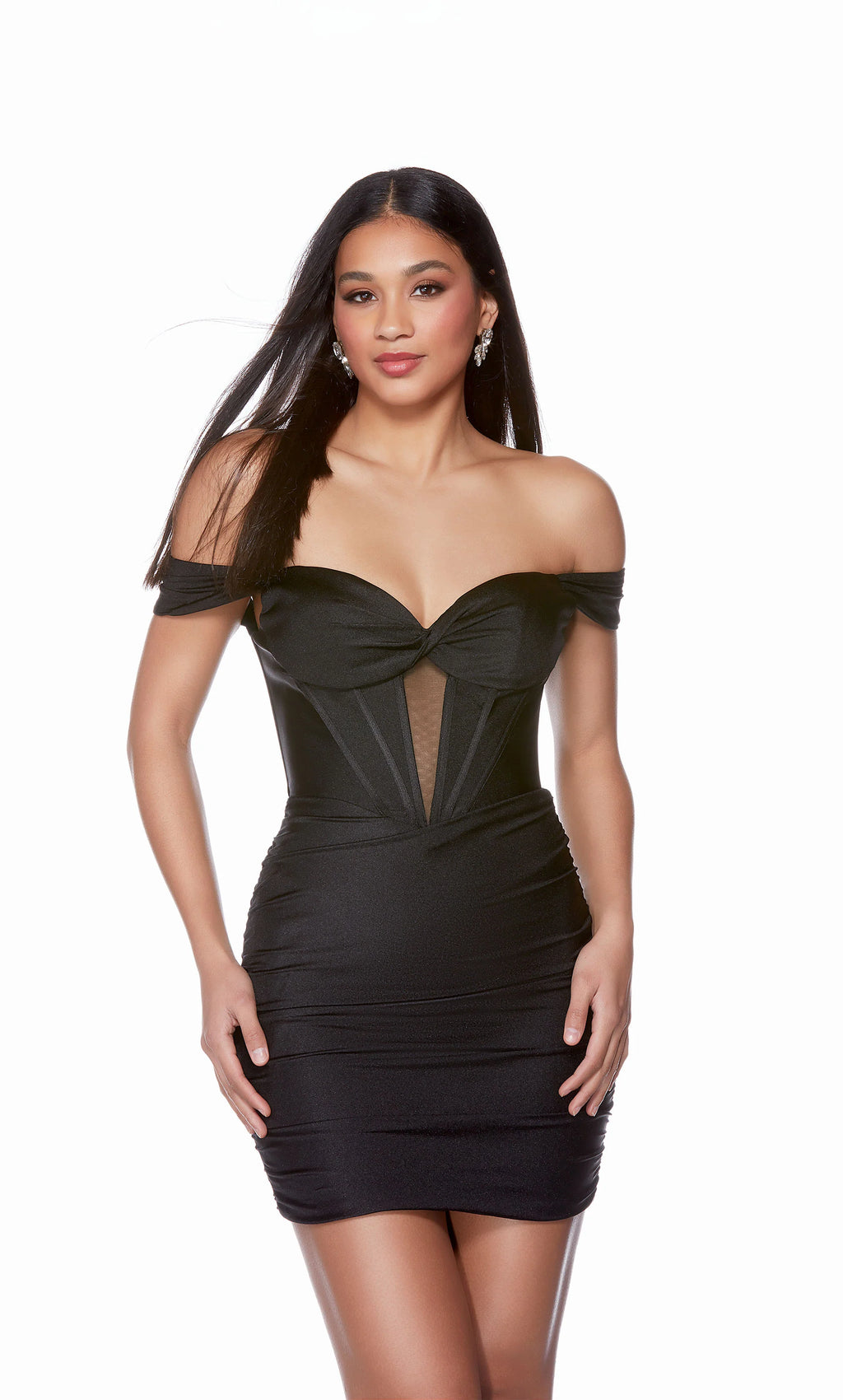 This irresistible short jersey Alyce formal dress 4685 is enticing with fierce details featured throughout the cinchable corset bodice that flaunts a knotted off the shoulder plunging sweetheart neckline that has sheer paneling down the center of the corset. The ruched mini skirt has a zip up closure.