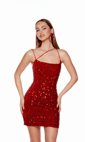 Channel your inner fashionista wearing short fitted dress style 4750 by Alyce Paris. This short fitted dress showcases a scoop neckline held by thin elegant straps that reveal an open back corset lace up that is adjustable to your own liking. The dazzling sequins all around the dress complement the small slit at the bottom.