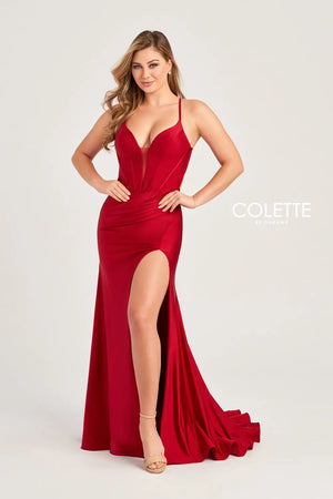 Be bold at your prom and get noticed in this glamorous Colette long dress style CL5204 made in hot colors of stretch jersey fabric. This sleek silhouette features a corset bodice with exposed boning, V neckline, spaghetti straps and large keyhole cutout back. The long curve hugging skirt has a high front side slit, horsehair hem edge and sweep train.