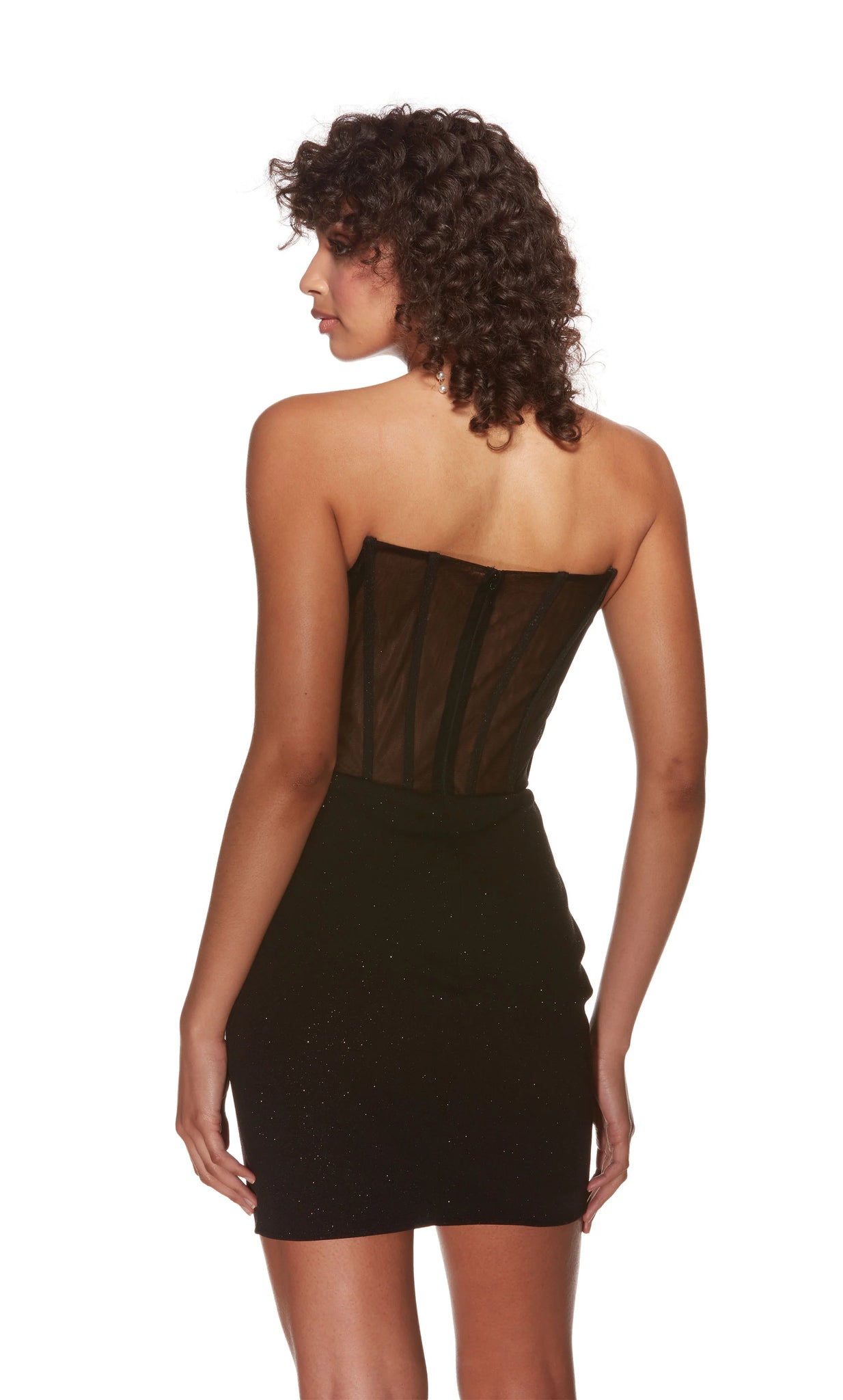 Elevate your style game in this striking short fitted dress by Alyce Paris, 4819. This ravishing dress is showcasing a strapless scoop neckline with off the shoulder cap sleeves and a mesh&nbsp;corset bodice&nbsp;that adds a sexy touch to this sophisticated look. This look is made of glitter material which will keep all eyes on you.