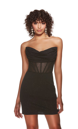 Elevate your style game in this striking short fitted dress by Alyce Paris, 4819. This ravishing dress is showcasing a strapless scoop neckline with off the shoulder cap sleeves and a mesh&nbsp;corset bodice&nbsp;that adds a sexy touch to this sophisticated look. This look is made of glitter material which will keep all eyes on you.