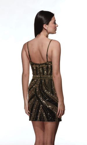 Be the envy of the night in this bold&nbsp;short dress&nbsp;by Alyce Paris, 4879. This captivating dress features a V neckline with thin adjustable straps for your comfort. Adorned from head to toe in stunning vibrant beadwork and sparkling sequins, this dress gives a dramatic look that you will love. With this dress, you will be the center of attention as soon as you step into the room.