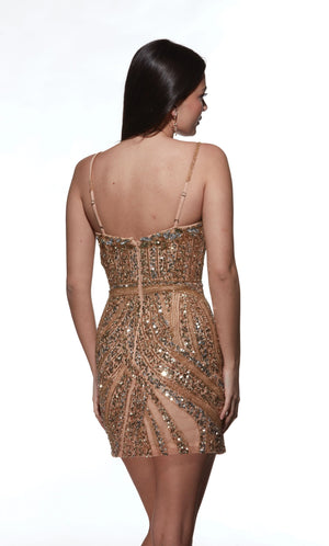 Be the envy of the night in this bold&nbsp;short dress&nbsp;by Alyce Paris, 4879. This captivating dress features a V neckline with thin adjustable straps for your comfort. Adorned from head to toe in stunning vibrant beadwork and sparkling sequins, this dress gives a dramatic look that you will love. With this dress, you will be the center of attention as soon as you step into the room.