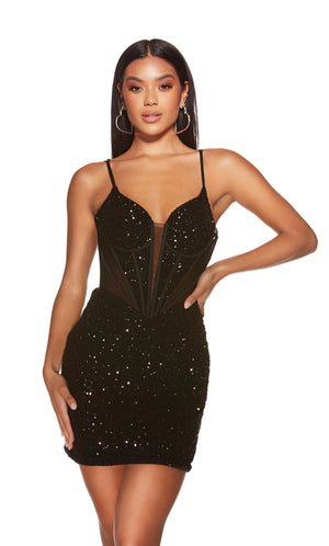 Step into the spotlight with this stunning fitted&nbsp;short dress&nbsp;made by Alyce paris, style 4910. Featuring a V neckline that is paired with thin straps and a mesh corset bodice with a sexy open back lace up that will shape your body beautifully. This dress is fully adorned with glistening sequins that will shine every step you make.