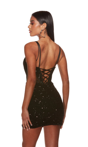 Step into the spotlight with this stunning fitted&nbsp;short dress&nbsp;made by Alyce paris, style 4910. Featuring a V neckline that is paired with thin straps and a mesh corset bodice with a sexy open back lace up that will shape your body beautifully. This dress is fully adorned with glistening sequins that will shine every step you make.