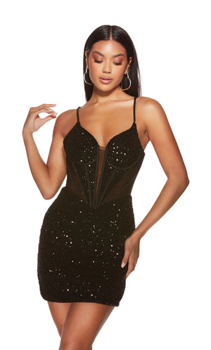 Step into the spotlight with this stunning fitted&nbsp;short dress&nbsp;made by Alyce paris, style 4910. Featuring a V neckline that is paired with thin straps and a mesh corset bodice with a sexy open back lace up that will shape your body beautifully. This dress is fully adorned with glistening sequins that will shine every step you make.