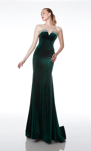 Strike a pose in this long glamorous sophisticated gown by Alyce 61487. Featuring a classy strapless neckline with a simple v cut neckline adorned with beadwork adorning the neckline. Made entirely in a flattering velvet material for an extra classy look. A sweep train is added to complete the look.