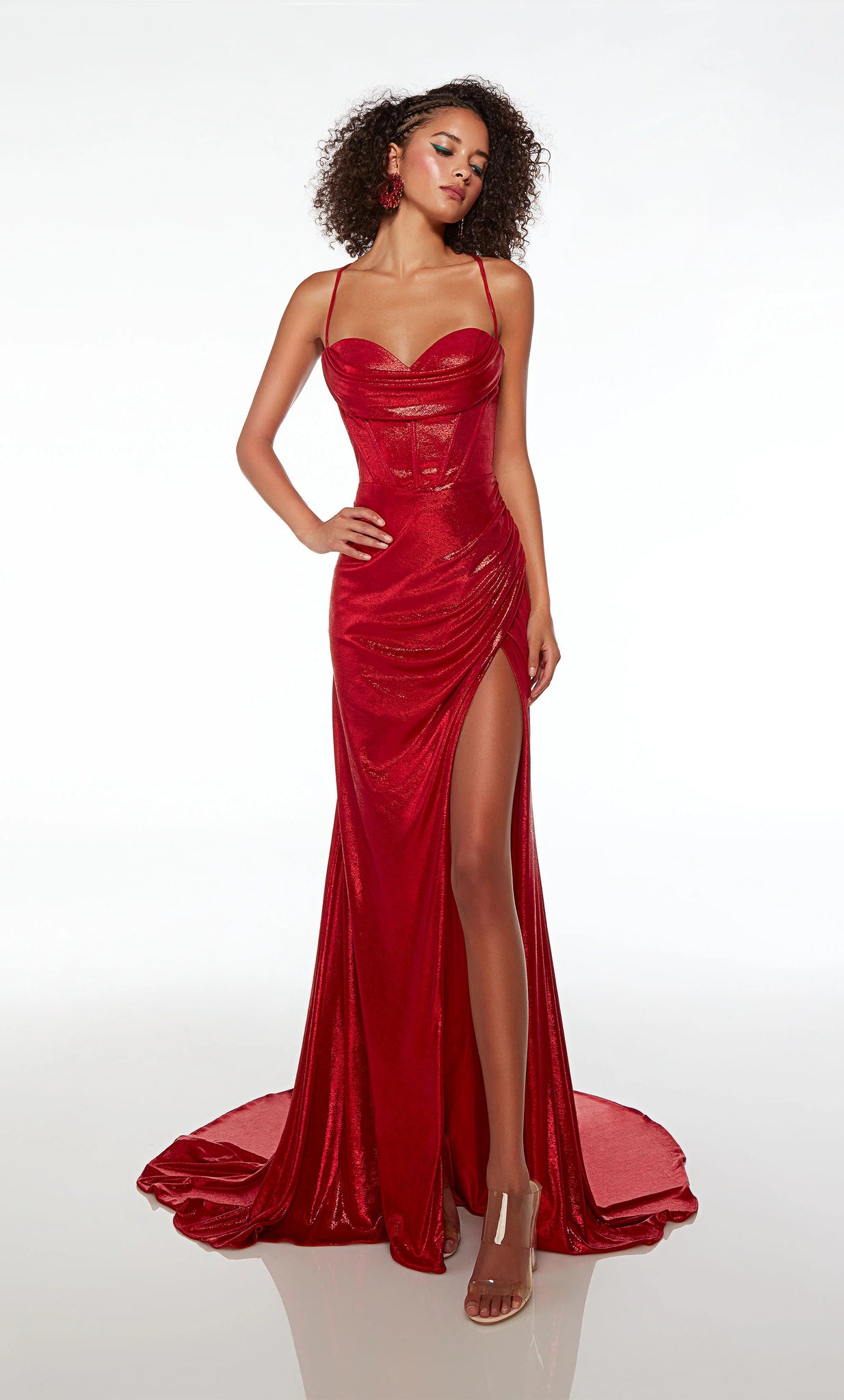 This glamorous sophisticated gown by Alyce Paris is made just for you! 61489, is from Spring 2024 Collection and is a timeless gown. The strapless scoop neckline, corset top and zipper back with ruching. The fitted rich satin skirt is completed with a sexy side slit.