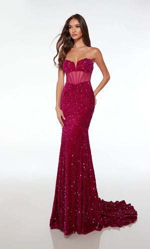 Make a show stopping appearance in this glamorous eye catching gown by Alyce 61482. Showcasing a classy scoop neckline paired with thin strap that create an open lace up corset back. Adorned entirely in a shimmering sequins to have you shimmer from every angle. Featuring a sexy thigh high slit with a classy sweep train.