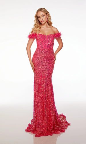 Look red carpet ready in this dazzling long gown by Alyce style 61502. Featuring a classy off the shoulder neckline paired with a detachable feather cap sleeve for a versatile look. Adorned entirely in a shimmering sequins perfect to have you shinning from every angle. A long sweep train is added to complete the look.