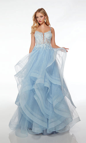 Have a magical night on your special day in this sweet Alyce Paris long dress 61543. This gorgeous ball gown features a scoop neckline paired with dainty straps flowing into an adjustable lace up open back ensuring a perfect fit. The fitted bodice flows gracefully to the full glitter tulle skirt that will be sure to have all eyes on you.