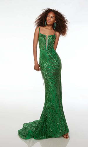 Show off your trendsetting style when you wear this mesmerizing Alyce Paris 61565 evening dress. You are sure to look your ultimate best when you wear this dress which features an endearing scoop neckline with a plunging design, complemented by spaghetti straps for added support. This fitted and sleeveless bodice also reveals an enchanting mid-open back, enclosed by a lace for a sophisticated finish. Its sheath skirt cascades elegantly down to the floor-length, leading to its fabulous sweep train. Additiona