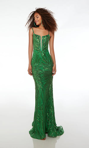 Show off your trendsetting style when you wear this mesmerizing Alyce Paris 61565 evening dress. You are sure to look your ultimate best when you wear this dress which features an endearing scoop neckline with a plunging design, complemented by spaghetti straps for added support. This fitted and sleeveless bodice also reveals an enchanting mid-open back, enclosed by a lace for a sophisticated finish. Its sheath skirt cascades elegantly down to the floor-length, leading to its fabulous sweep train. Additiona