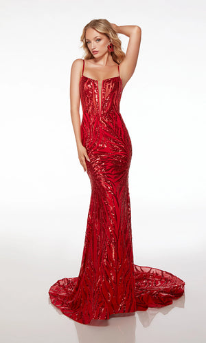 Show off your trendsetting style when you wear this mesmerizing Alyce Paris 61565 evening dress. You are sure to look your ultimate best when you wear this dress which features an endearing scoop neckline with a plunging design, complemented by spaghetti straps for added support. This fitted and sleeveless bodice also reveals an enchanting mid-open back, enclosed by a lace for a sophisticated finish. Its sheath skirt cascades elegantly down to the floor-length, leading to its fabulous sweep train. Additiona