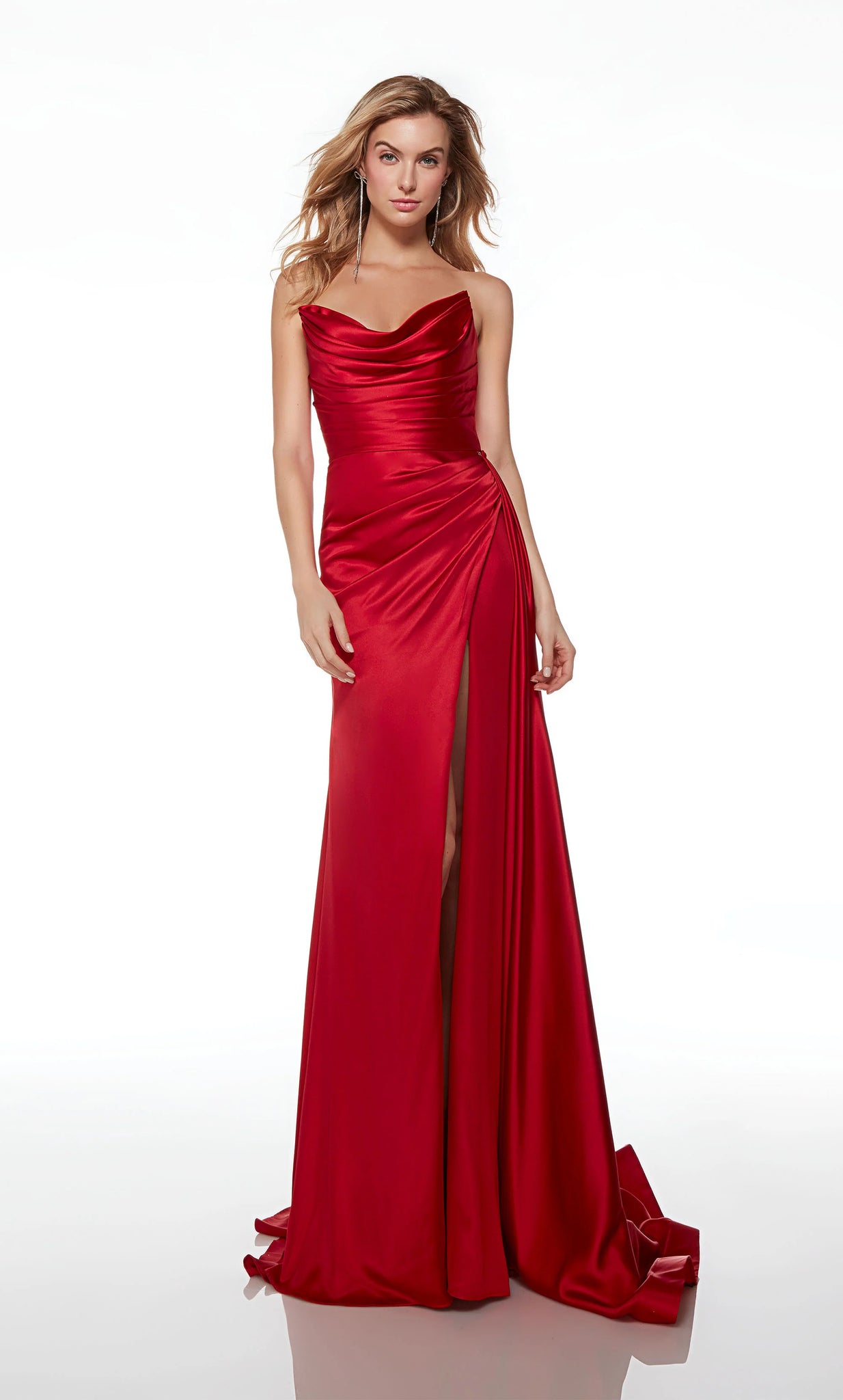 Exude elegance in this sophisticated satin Alyce Paris long dress style 61571 perfect for any social occasion. This phenomenal gown showcases a pleated bodice with off the shoulder cap sleeves which are removable to create a strapless look, cowl neckline and low zipper closure back. The long slim skirt has ruching with a detachable side train overskirt that flows and sweeps the floor with a horsehair hem edge.