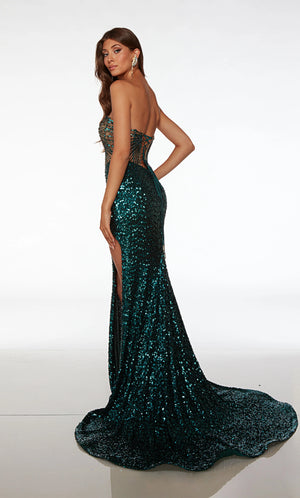 Sophistication exudes when you wear this scintillating Alyce Paris long dress style 61573 to your next social occasion. This striking silhouette showcases a strapless, illusion corset bodice embellished with shimmering lines of beads with a sweetheart neckline and lace up tie low back. The long form fitting skirt is adorned with sparkling sequins throughout and has a shark bite front, side slit and sweeping back train.