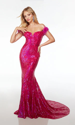 Dare to stand out at your event with this lavish Alyce Paris fitted prom dress 61595. From top to bottom, eye catching sequin patterns are featured to give you elegance and shine throughout the entire dress. The adjustable bodice and strapless neckline are complemented by soft off the shoulder feathered cap sleeves. 