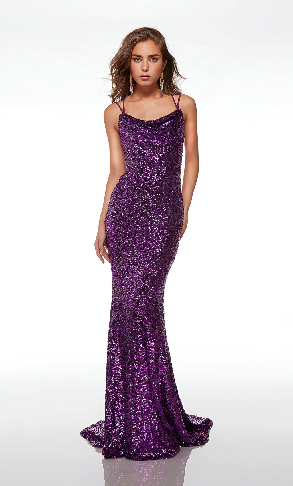 Sparkle in this fully sequined Alyce Paris dress 61626, an ideal choice for your senior prom. Showcasing an edgy scoop neckline, lovely adjustable straps give this ensemble a sense of comfort and style. The slim fitted silhouette accentuates your curves highlighting your figure. The captivating open lace up back and elegant sweep train makes for an exquisite exit.