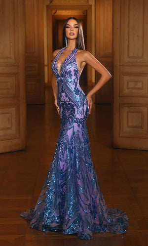 Trendy from top to bottom, this fitted prom dress 61630 designed by Alyce Paris is a must have. This blue/lavender sequin beaded dress shines from any angle with symmetrically sewn patterns that are eye catching. The bodice has a halter V-neckline and a sexy open back. This dress is completed with a long sweep train that flaunts a captivating pattern
