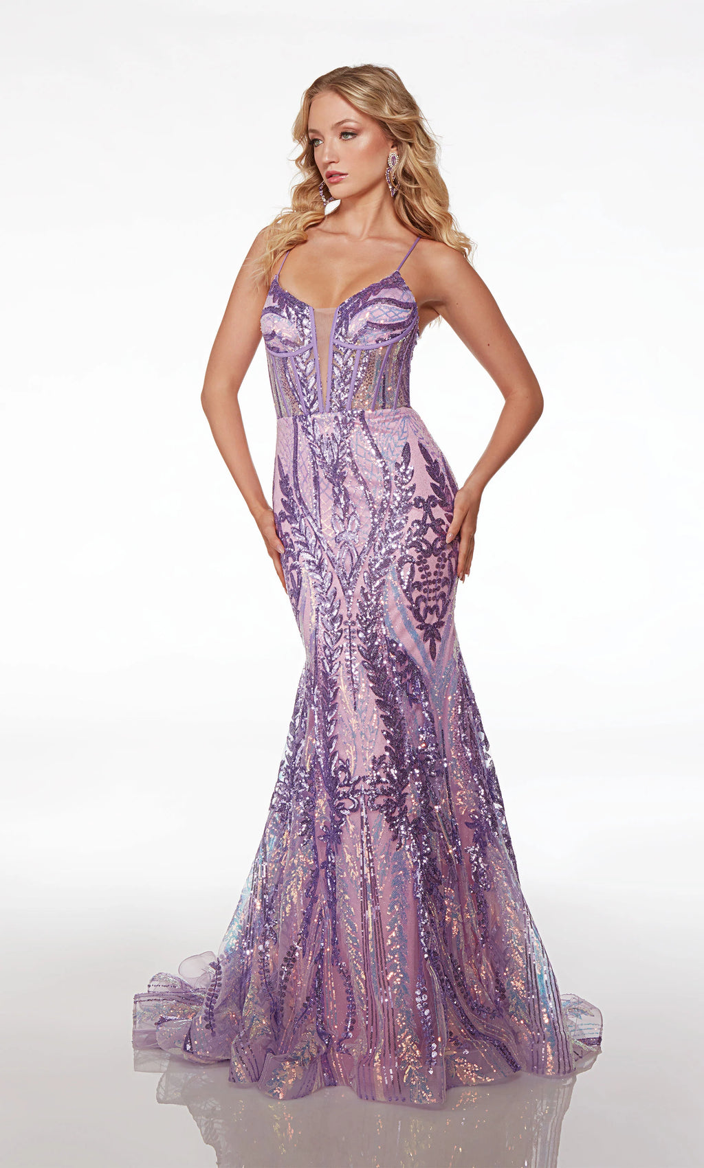 Make the stop and stare with the one of a kind mermaid long style 61656 by Alyce. Displaying a modest plunging neckline along the illusion corset bodice and complimented with adjustable straps. The fit and flare silhouette is gleaming with dazzling sequin that will have you sparkling perfectly from every angle all night long.