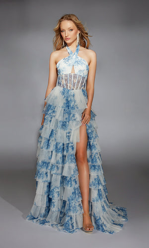 Feel like a modern day princess in this enchanting long dress by Alyce Paris, style 61753. Showcasing an&nbsp;A line silhouette&nbsp;with a unique halter neckline. This number has a corset bodice that's sure to snatch you in. The beautiful skirt consists of multiple layers. A thigh high slit is the perfect final touch.