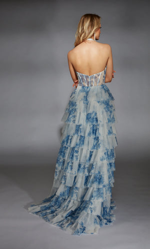 Feel like a modern day princess in this enchanting long dress by Alyce Paris, style 61753. Showcasing an&nbsp;A line silhouette&nbsp;with a unique halter neckline. This number has a corset bodice that's sure to snatch you in. The beautiful skirt consists of multiple layers. A thigh high slit is the perfect final touch.