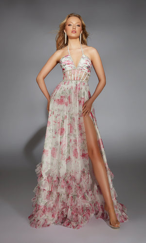 Feel like a modern day princess in this enchanting&nbsp;long dress&nbsp;by Alyce Paris, style 61757. Showcasing an a-line silhouette with a v halter neckline. The corset bodice is sure to snatch your waist in. This number is made out of gorgeous floral net material and glistening beadwork along the bodice. A thigh high slit is the perfect final touch.