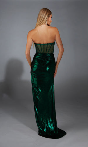 Catch the attention of all as you appear in the memorable long dress 61784 by Alyce Paris. The scoop strapless neckline is paired with a see through bodice beautifully adorned with hot stones. Showcasing the jersey made skirt displaying a liquid metallic affect to have you setting the trend of the season.