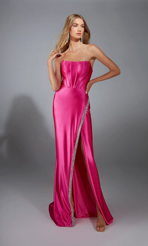 Less is definitely more especially when wearing this elegant&nbsp;long dress&nbsp;by Alyce Paris, style 61790. Showcasing a fitted silhouette with a strapless scoop neckline. This number is fully made out of stretch satin material. Glistening beadwork adorns the thigh high slit. The back of this number consists of a gorgeous corset lace up back.