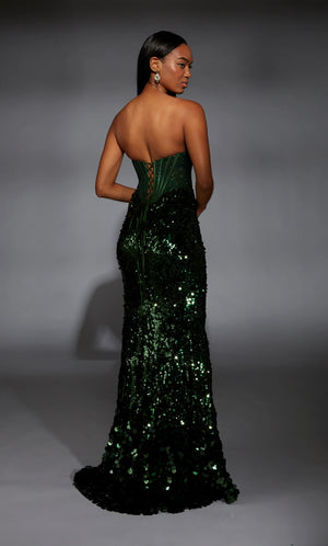 Stand out effortlessly wearing this eye catching Alyce Paris 61796 long dress. This form fitting silhouette showcases a sweetheart strapless neckline with a built in corset bodice. Completely decked out in dazzling sequin, this style features a thigh high slit and sweep train that will be sure to wow the crowd.