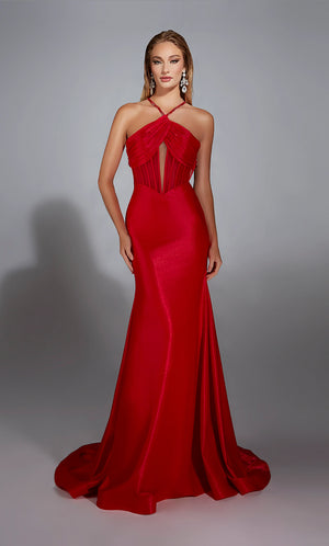 Look sleek and sophisticated wearing this elegant Alyce Paris long dress 61820. This form fitting silhouette showcases a high halter neckline with a modest mesh key hole cut out, revealing an open back. The simple jersey material showcases the perfect amount of sparkle and sweep train for a finishing touch.