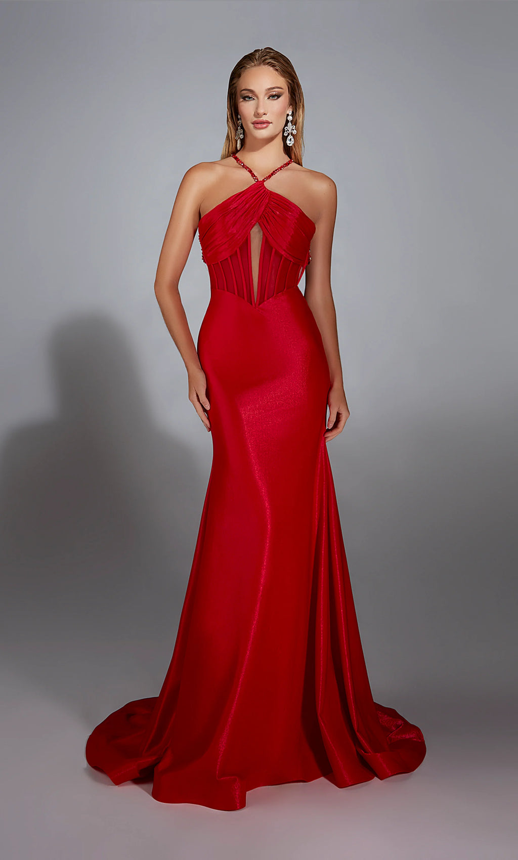 Look sleek and sophisticated wearing this elegant Alyce Paris&nbsp;long dress&nbsp;61820. This form fitting silhouette showcases a high halter neckline with a modest mesh key hole cut out, revealing an open back. The simple jersey material showcases the perfect amount of sparkle and sweep train for a finishing touch.